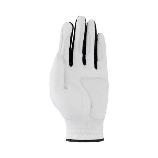 Adroit – Durable Golf Glove in white leather with black finger accents, stitched panels and a reinforced grip area
