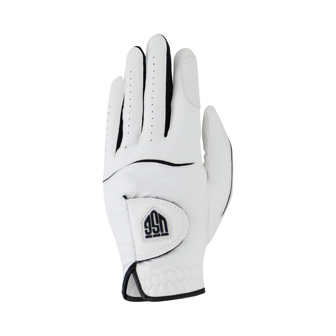 Adroit – Durable Golf Glove in white leather with black trim, perforated fingers and adjustable wrist closure