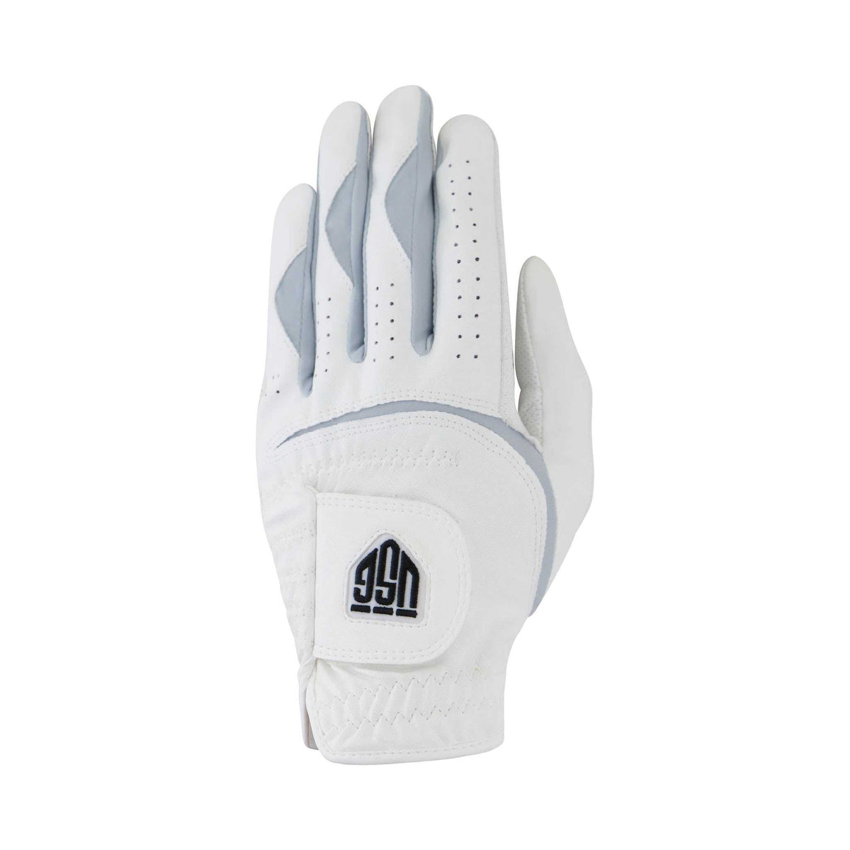 Golf glove, Blend – Flexible Golf Glove in white with light gray flexible inserts, perforations, stitched panels and wrist tab