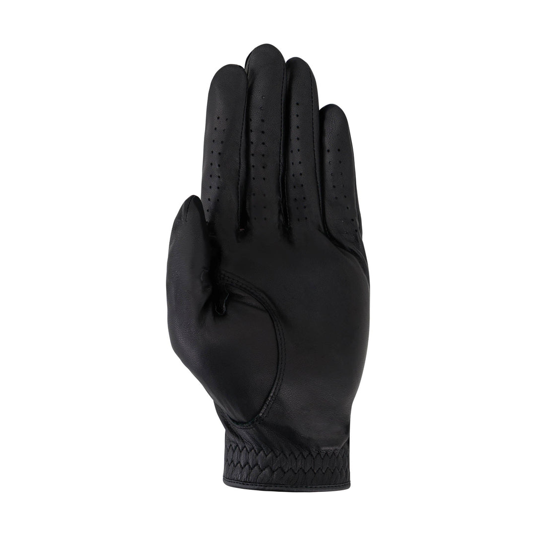 Golf glove, Cabretec – Soft and Strong, in black with a smooth palm, perforated fingers and woven cuff