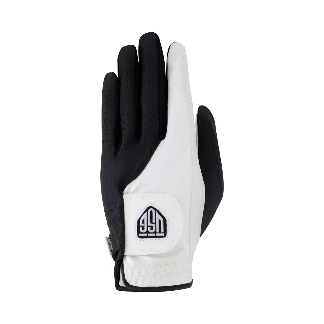 Golf glove, Cabretec – Soft and Strong, with a white leather palm, black perforated fingers and a wrist strap