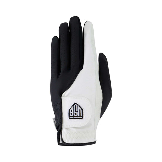 Golf glove, Cabretec – Soft and Strong, with a white leather palm, black perforated fingers and a wrist strap