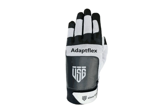 Pickleball glove in black, white and gray high-performance synthetic materials, with Adaptflex lettering and a flexible fit.