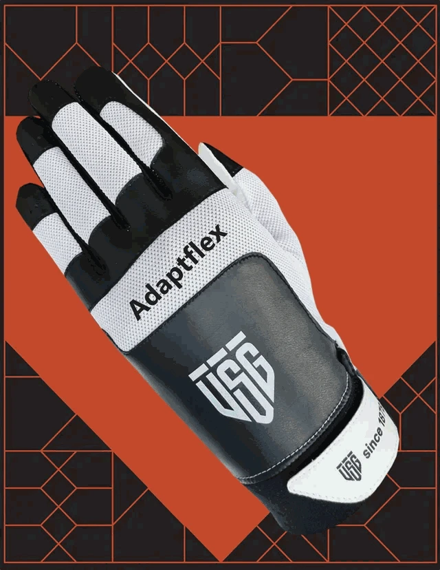 Pickleball glove with black and white high-performance synthetic materials, perforated panels, Adaptflex lettering, and wrist strap