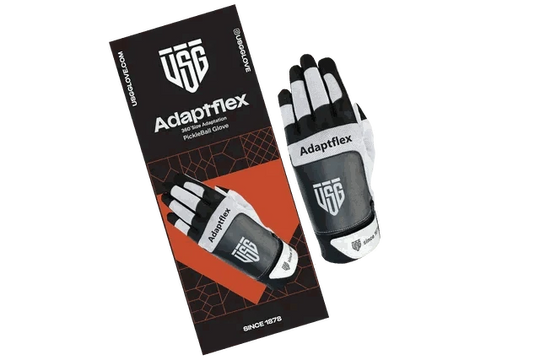 Pickleball glove made with high-performance synthetic materials, featuring a black, white and gray design with padded palm