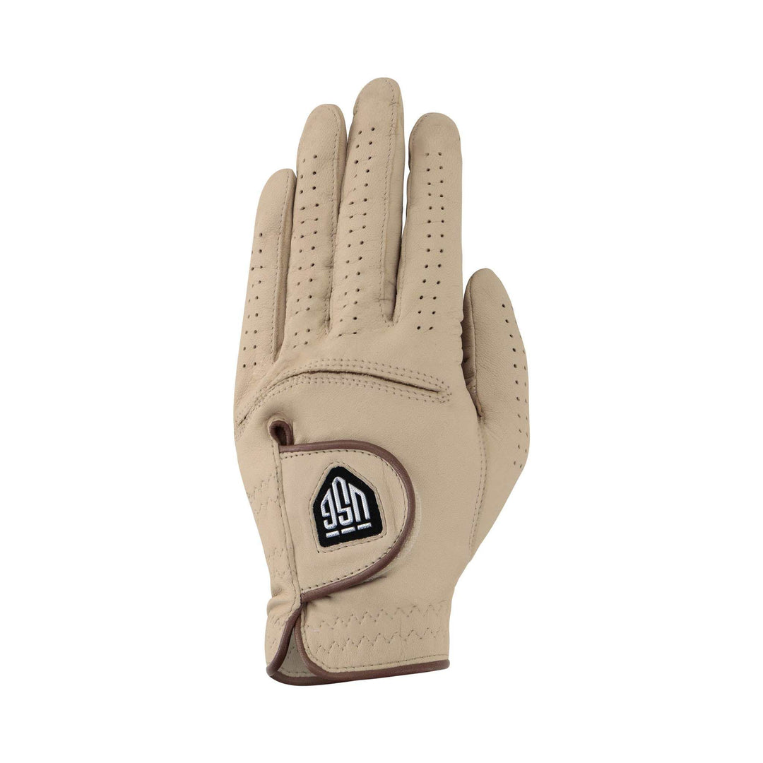 Ultima – Soft Fit Golf Glove in beige leather with perforated fingers, dark brown piping and a wrist logo