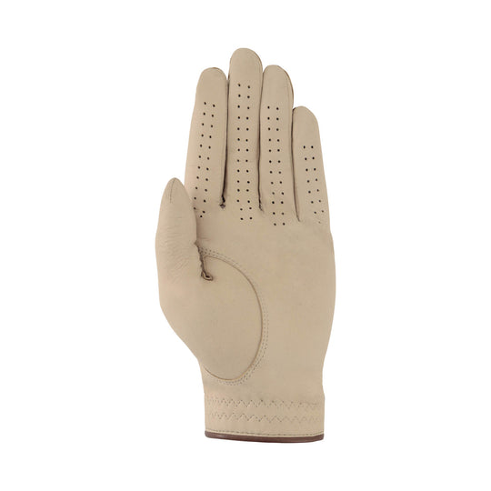 Ultima – Soft Fit Golf Glove in beige leather with perforated fingers, stitched palm panel and a snug cuff