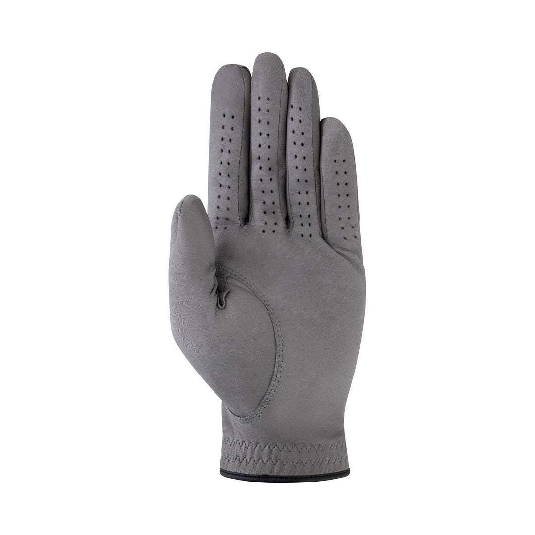 Ultima – Soft Fit Golf Glove in grey soft leather with perforated fingers, stitched palm panel and elastic cuff