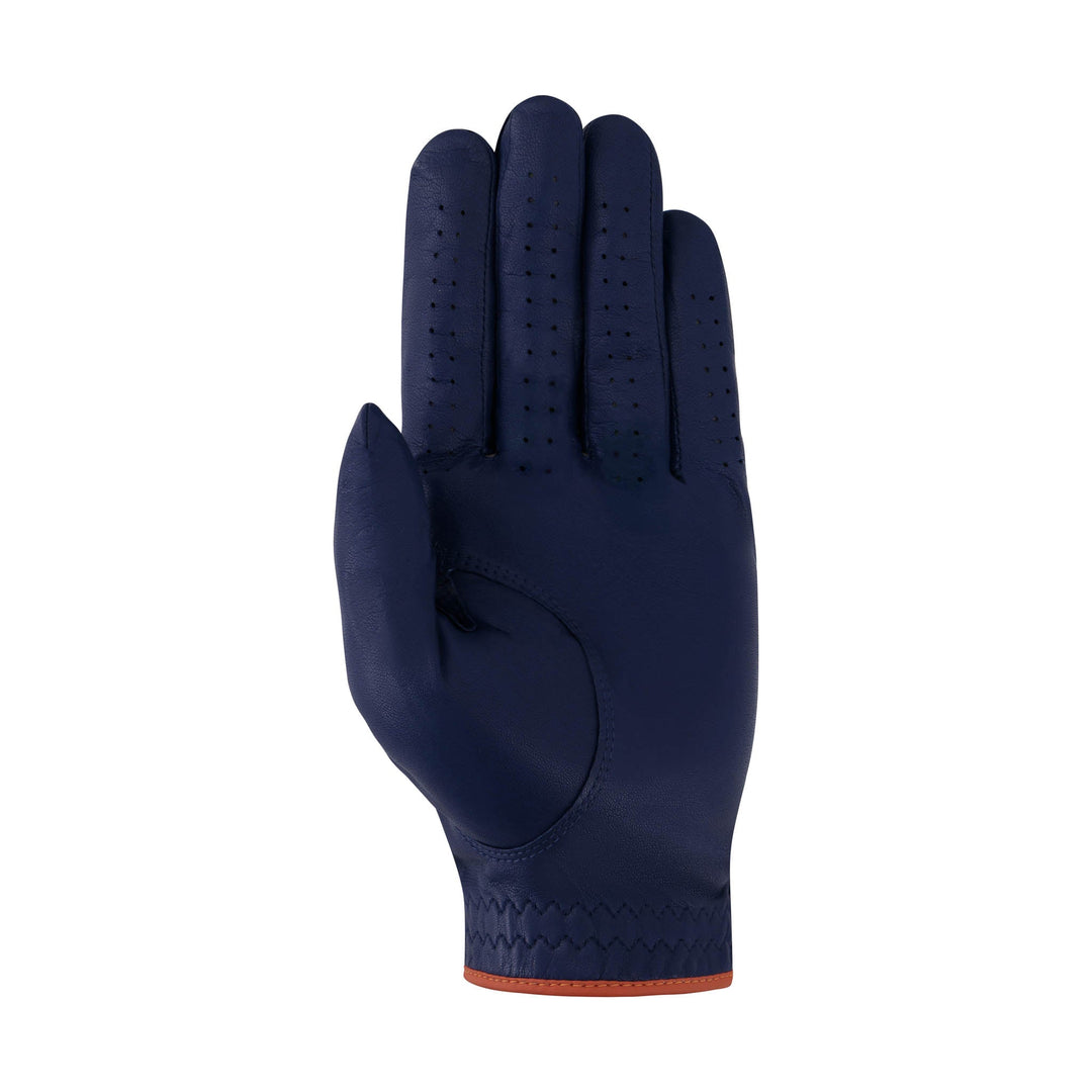 Ultima – Soft Fit Golf Glove in navy blue, with perforated fingers, stitched palm panels and a contrasting orange cuff