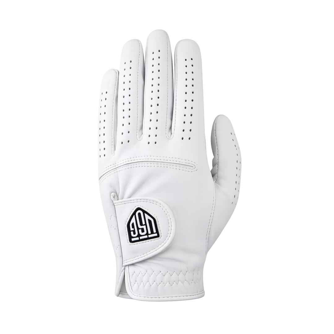 Ultima – Soft Fit Golf Glove, white leather with perforated fingers, stitched seams, and a quilted wrist cuff