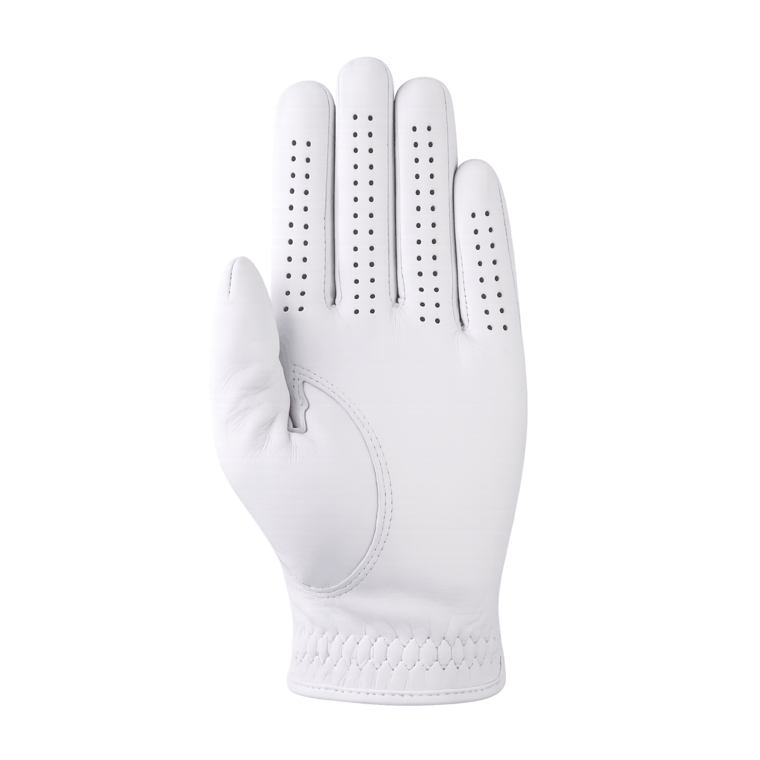 Ultima – Soft Fit Golf Glove in white with a smooth leather palm, perforated fingers and a textured cuff