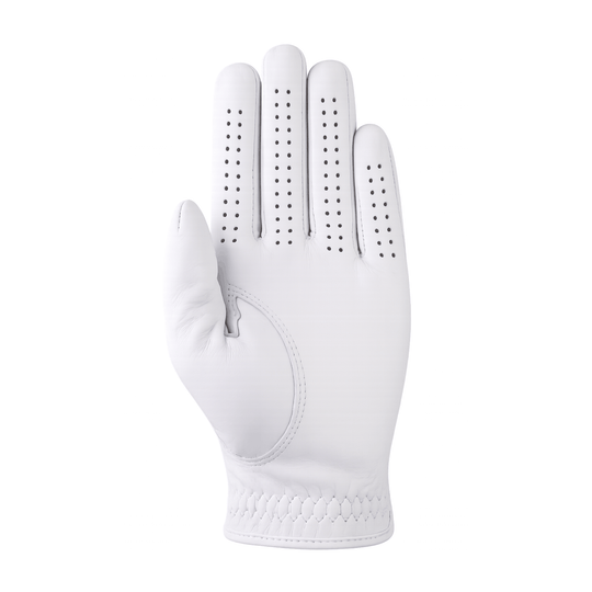 Ultima – Soft Fit Golf Glove in white with a smooth leather palm, perforated fingers and a textured cuff
