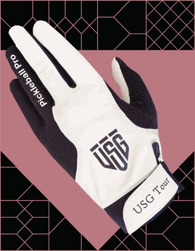 USG Tour PickleBall glove in white and black leather with a branded backhand, dark finger panels and wrist strap