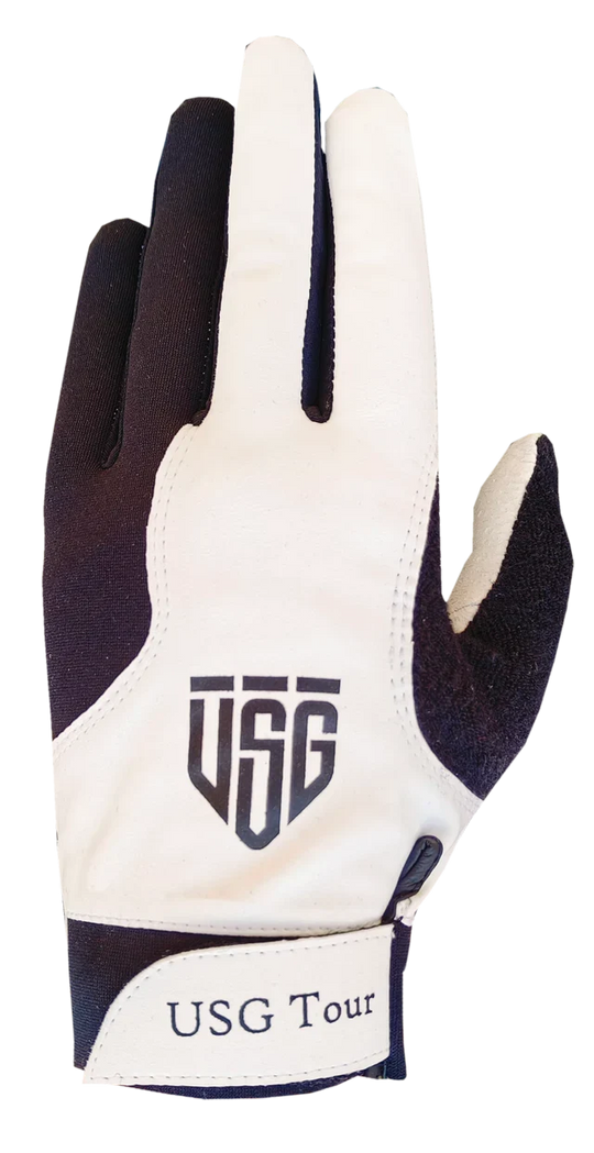 USG Tour PickleBall glove in white leather with dark navy finger panels, USG logo and adjustable wrist strap